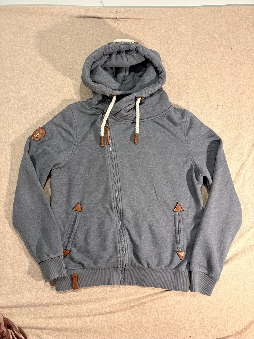 Naketano ‘The Ports Choice’Womens Hooded Zip Jacket. Rope Drawstrings BlueGrey